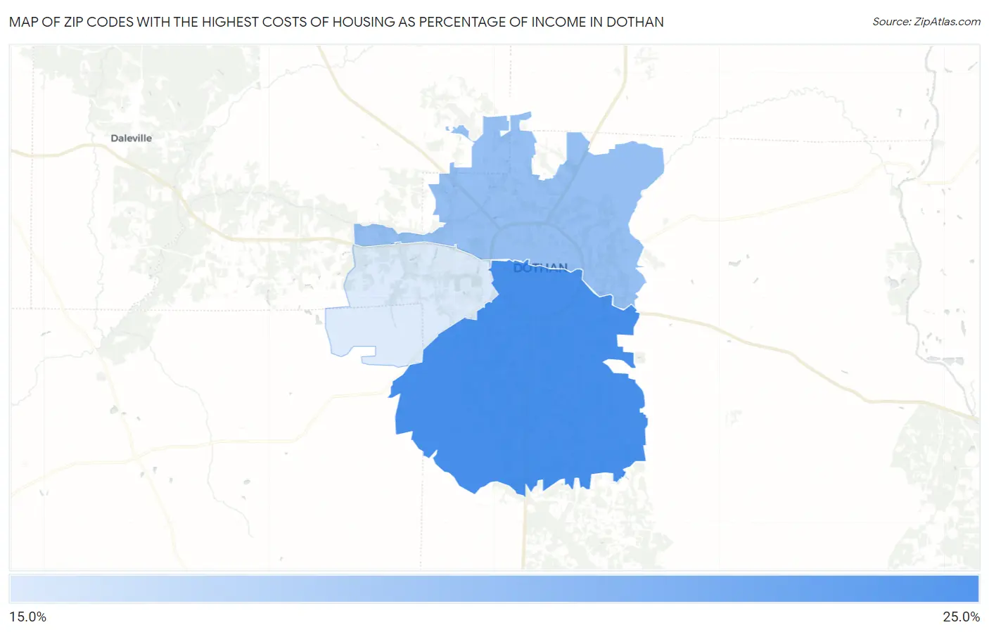 Zip Codes with the Highest Costs of Housing as Percentage of Income in Dothan Map