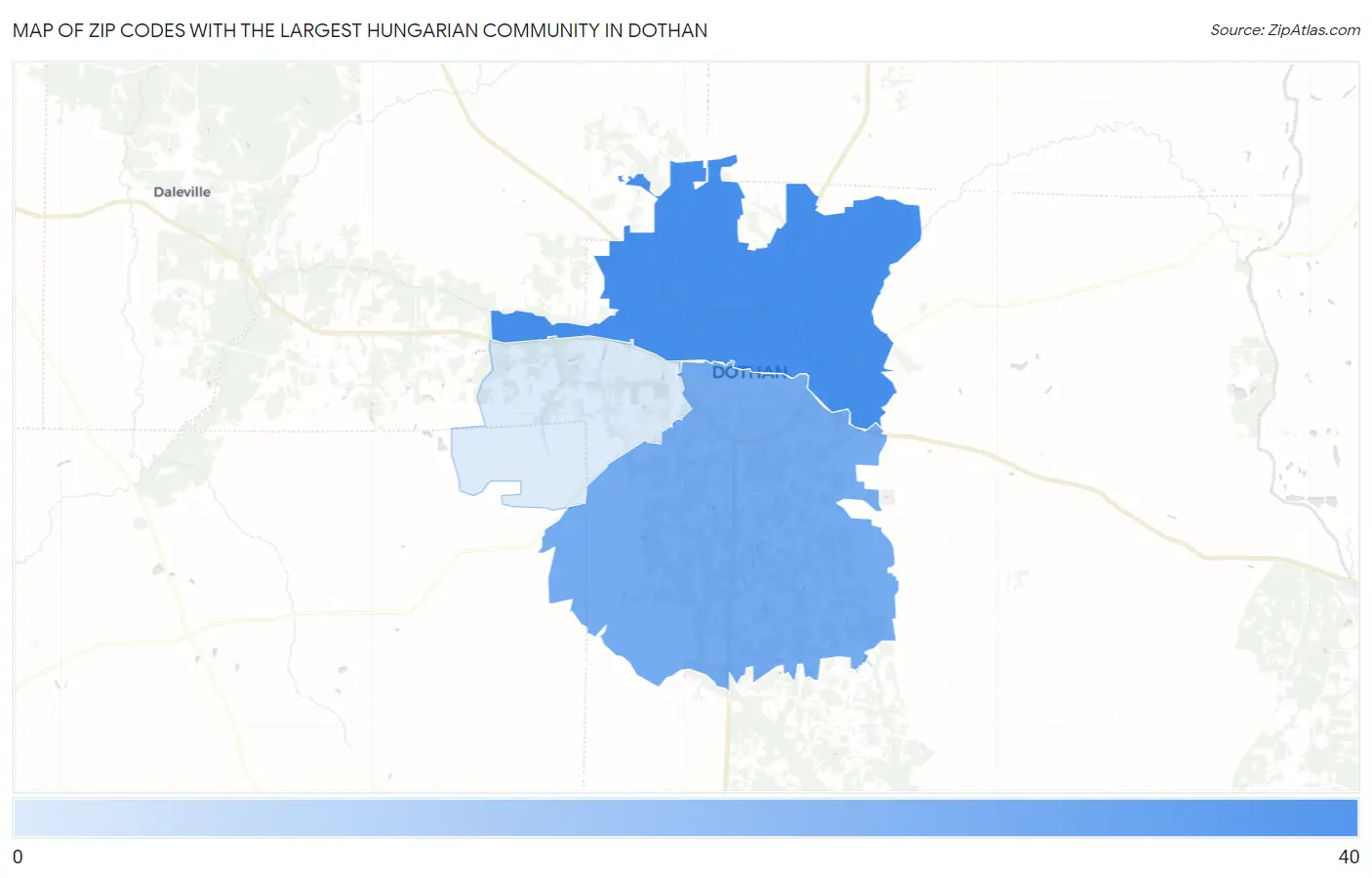 Zip Codes with the Largest Hungarian Community in Dothan Map