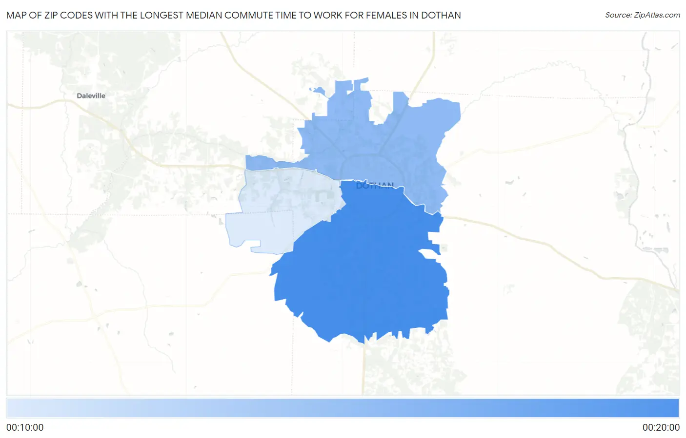 Zip Codes with the Longest Median Commute Time to Work for Females in Dothan Map