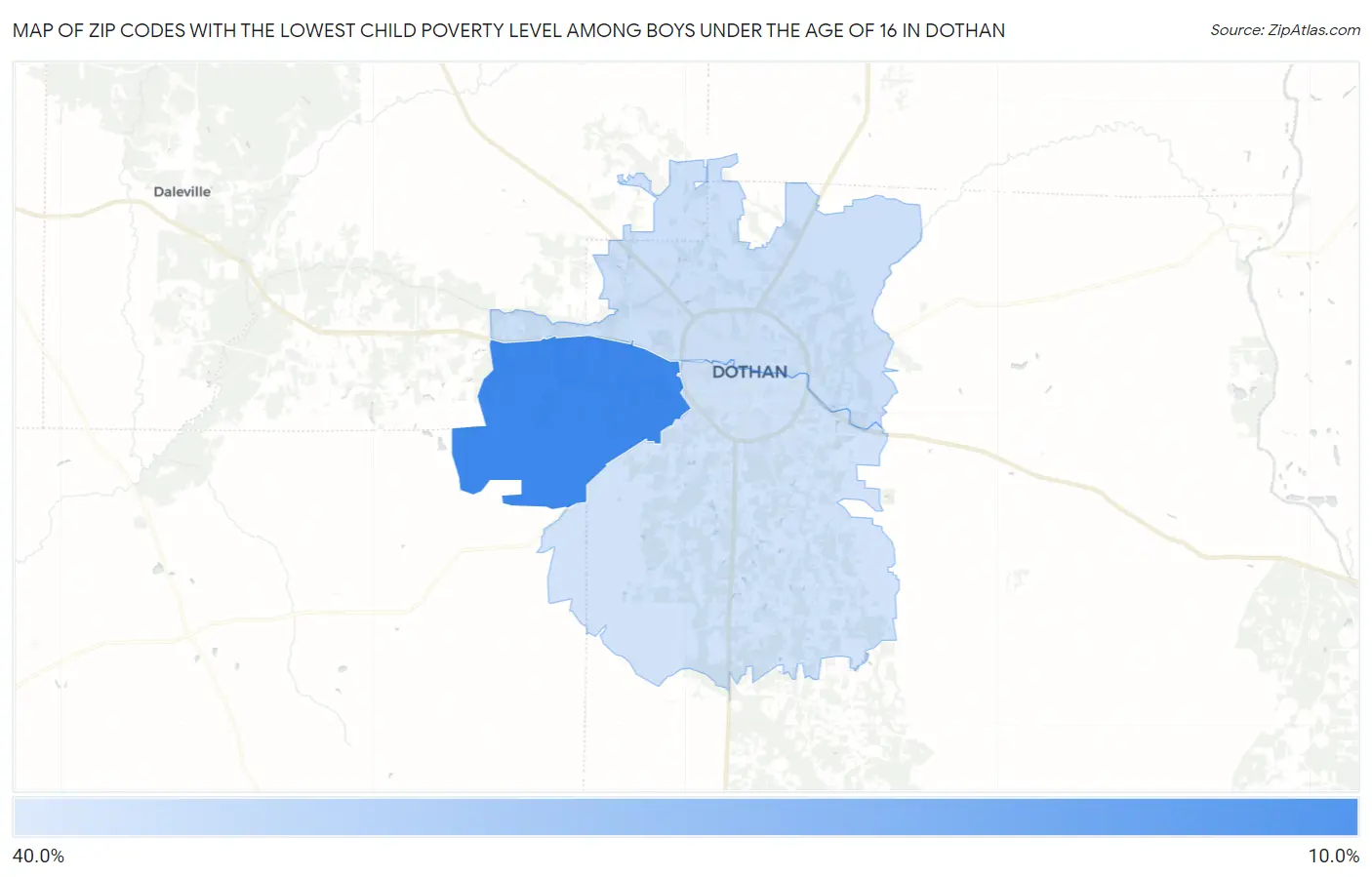 Zip Codes with the Lowest Child Poverty Level Among Boys Under the Age of 16 in Dothan Map