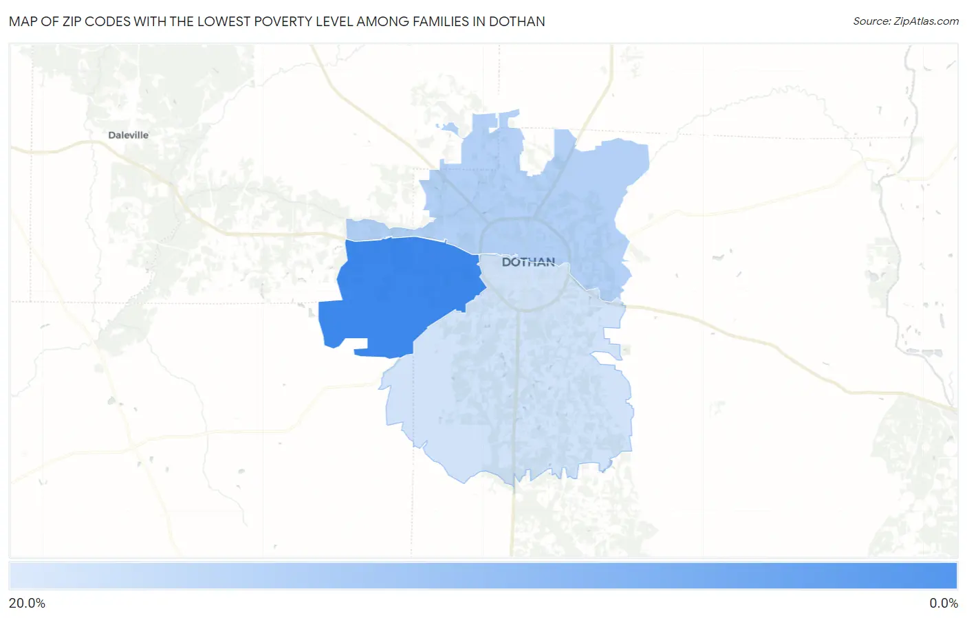 Zip Codes with the Lowest Poverty Level Among Families in Dothan Map