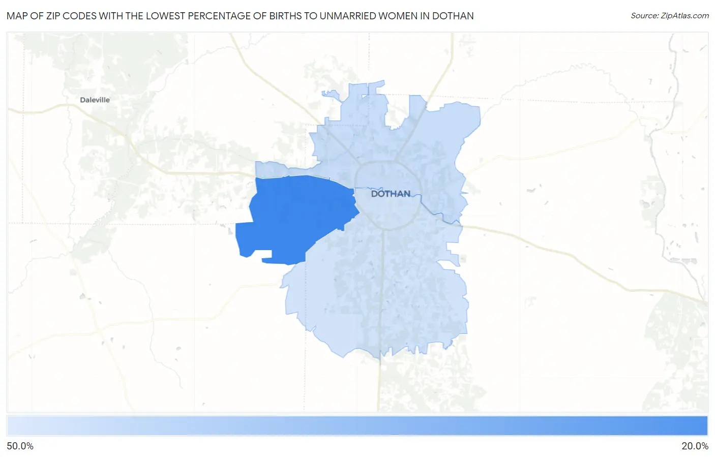 Zip Codes with the Lowest Percentage of Births to Unmarried Women in Dothan Map