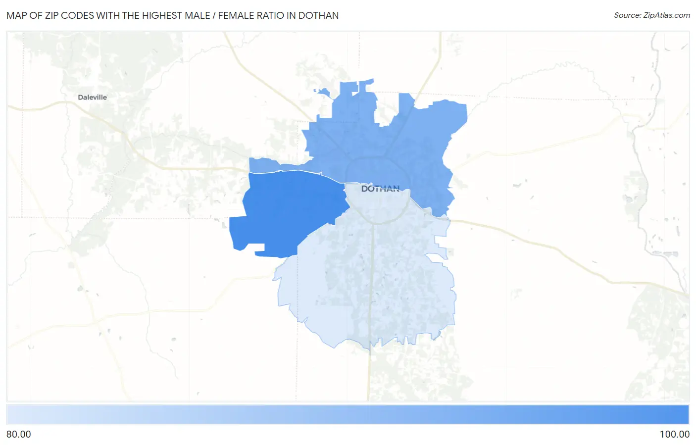 Zip Codes with the Highest Male / Female Ratio in Dothan Map