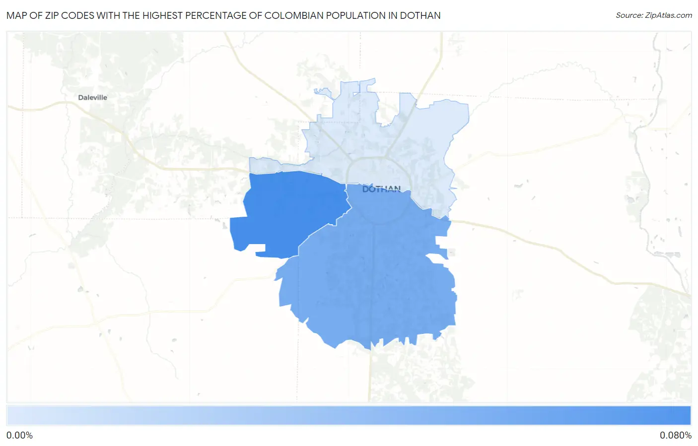 Zip Codes with the Highest Percentage of Colombian Population in Dothan Map