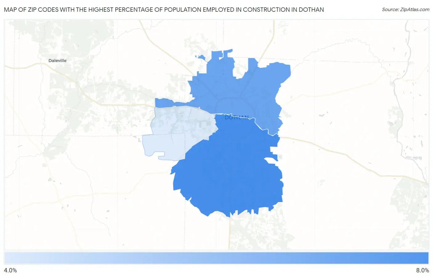 Zip Codes with the Highest Percentage of Population Employed in Construction in Dothan Map
