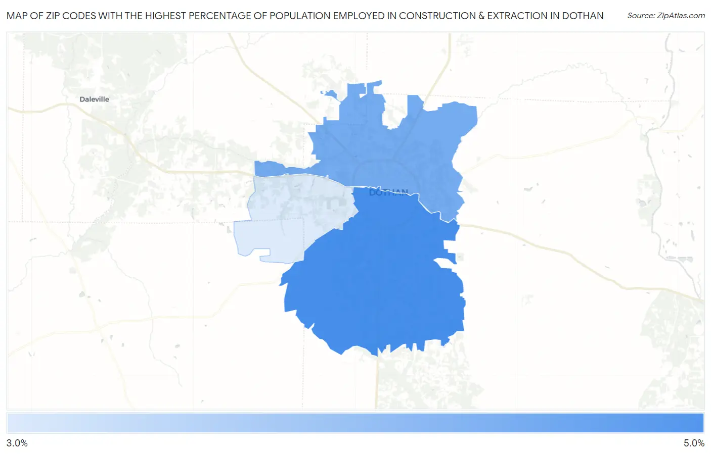 Zip Codes with the Highest Percentage of Population Employed in Construction & Extraction in Dothan Map