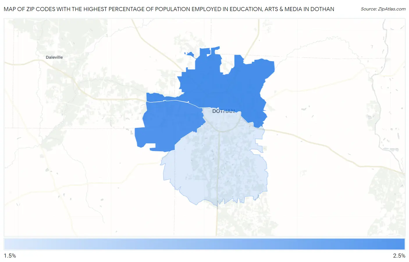 Zip Codes with the Highest Percentage of Population Employed in Education, Arts & Media in Dothan Map