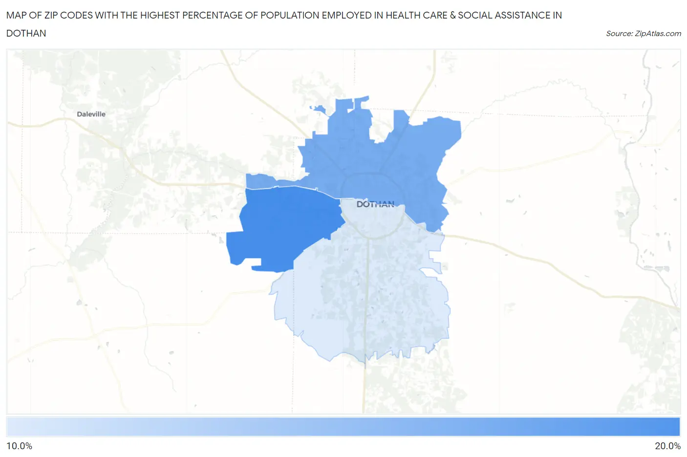 Zip Codes with the Highest Percentage of Population Employed in Health Care & Social Assistance in Dothan Map