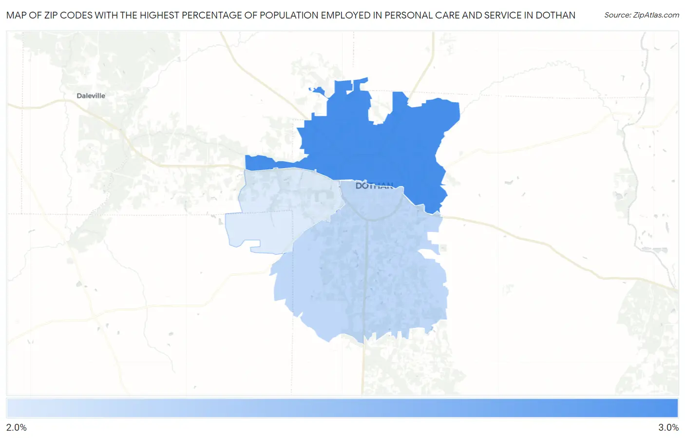 Zip Codes with the Highest Percentage of Population Employed in Personal Care and Service in Dothan Map