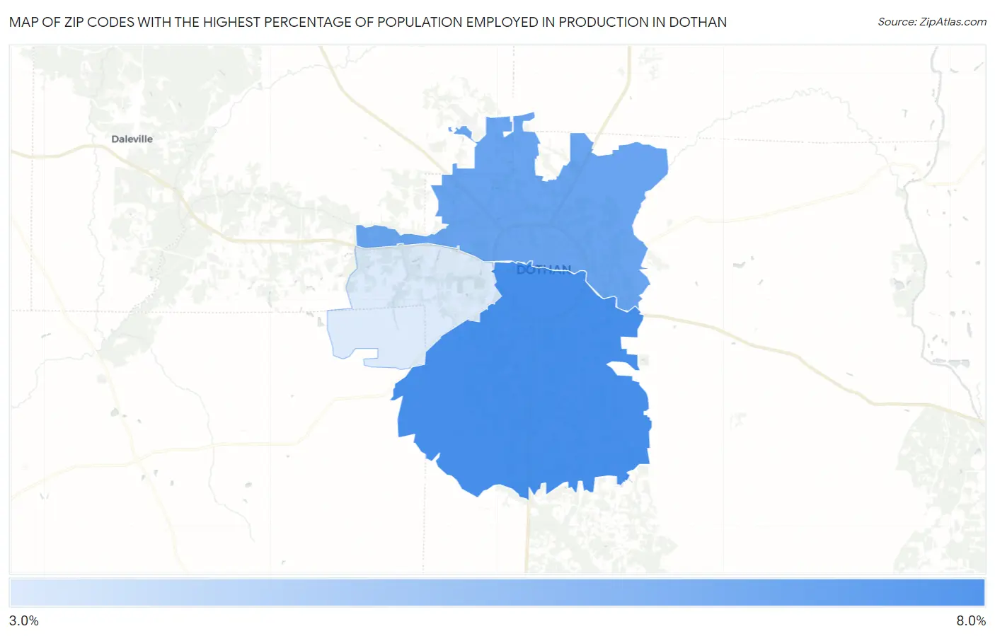 Zip Codes with the Highest Percentage of Population Employed in Production in Dothan Map