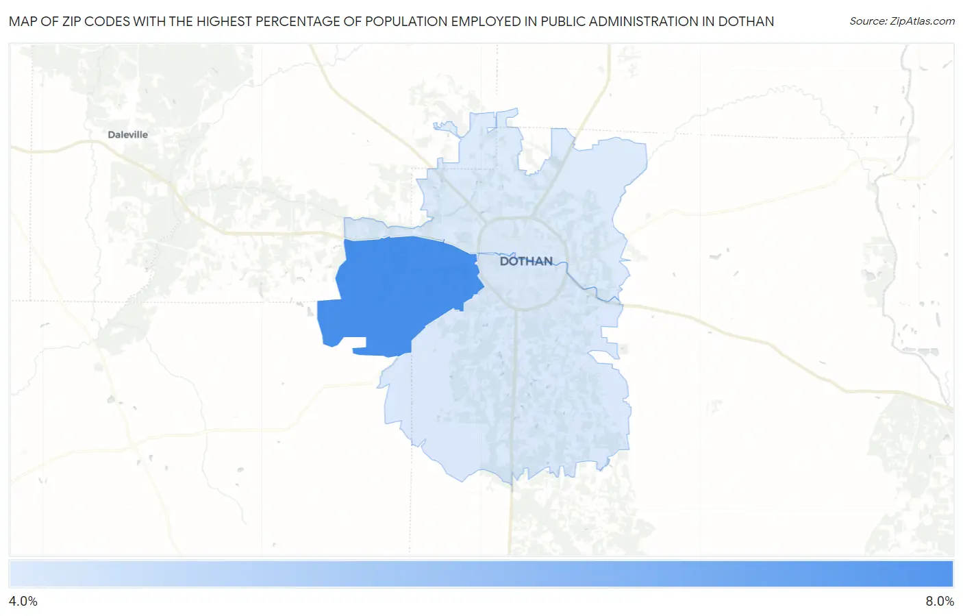 Zip Codes with the Highest Percentage of Population Employed in Public Administration in Dothan Map