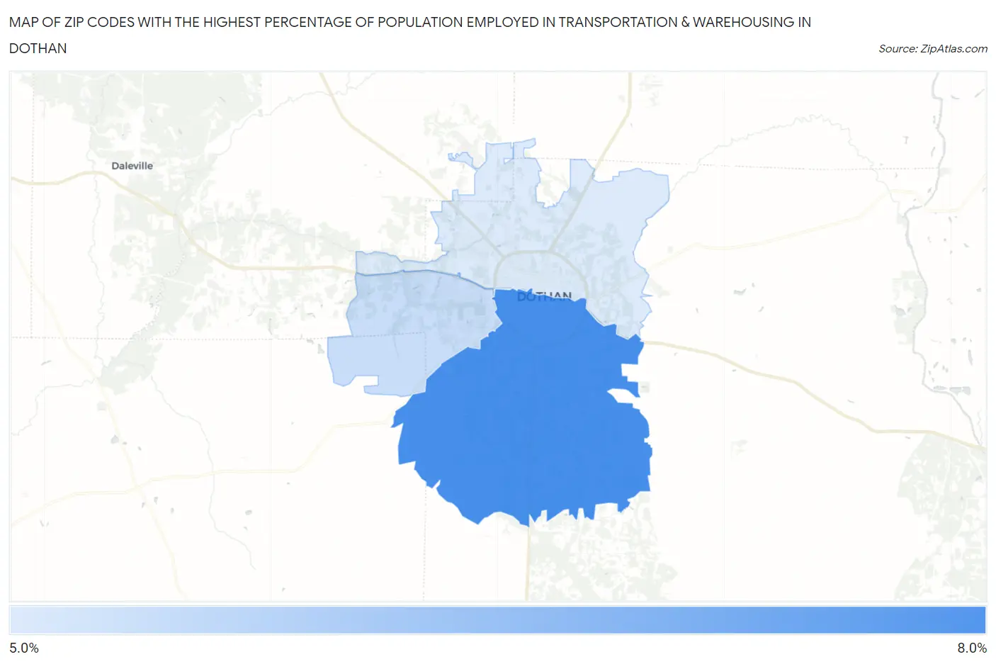 Zip Codes with the Highest Percentage of Population Employed in Transportation & Warehousing in Dothan Map