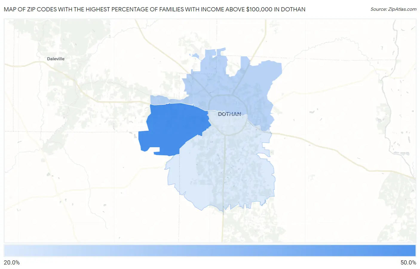 Zip Codes with the Highest Percentage of Families with Income Above $100,000 in Dothan Map