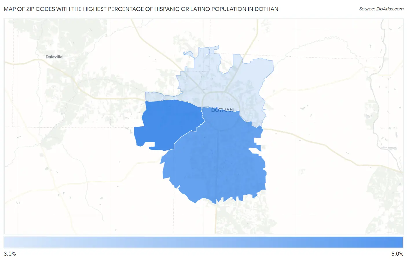 Zip Codes with the Highest Percentage of Hispanic or Latino Population in Dothan Map