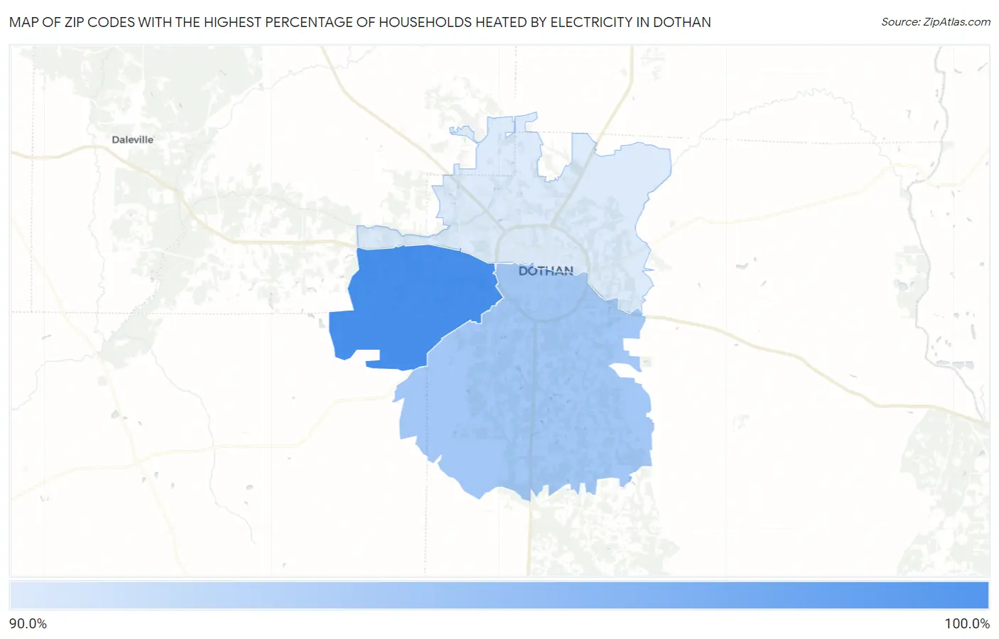 Zip Codes with the Highest Percentage of Households Heated by Electricity in Dothan Map