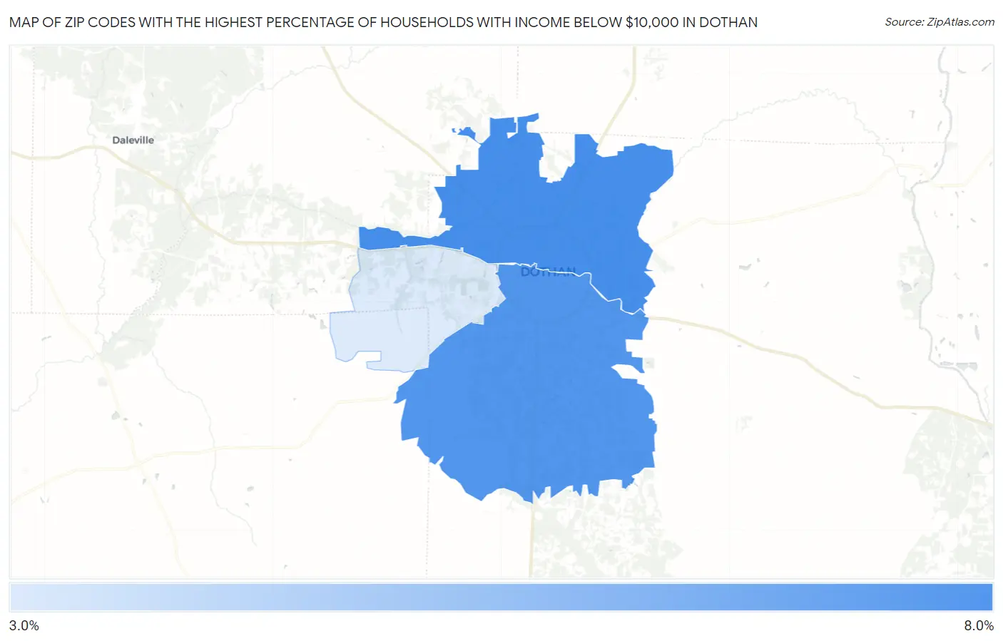 Zip Codes with the Highest Percentage of Households with Income Below $10,000 in Dothan Map