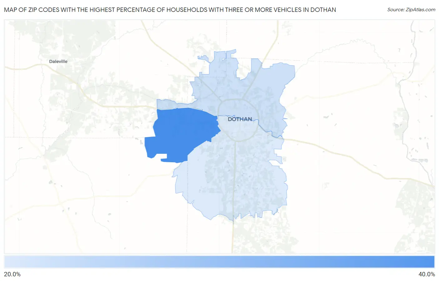 Zip Codes with the Highest Percentage of Households With Three or more Vehicles in Dothan Map