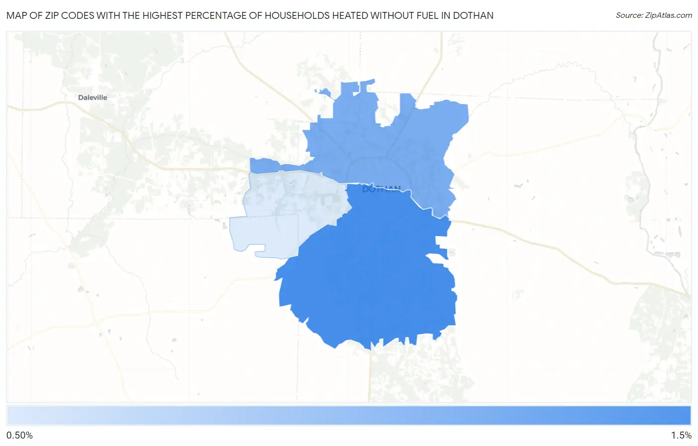 Zip Codes with the Highest Percentage of Households Heated without Fuel in Dothan Map