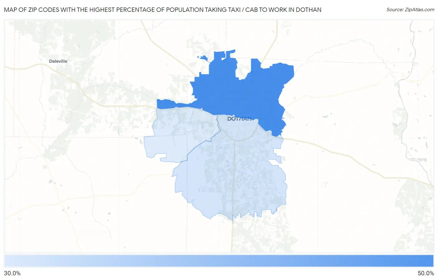 Zip Codes with the Highest Percentage of Population Taking Taxi / Cab to Work in Dothan Map