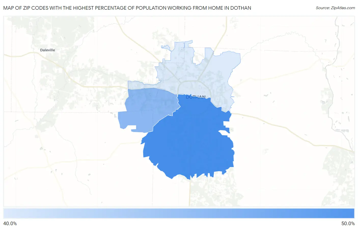 Zip Codes with the Highest Percentage of Population Working from Home in Dothan Map