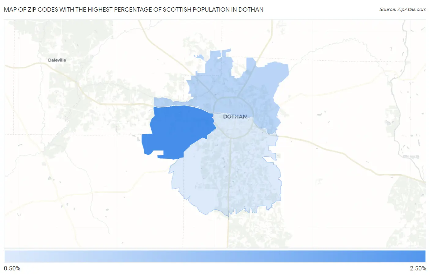 Zip Codes with the Highest Percentage of Scottish Population in Dothan Map