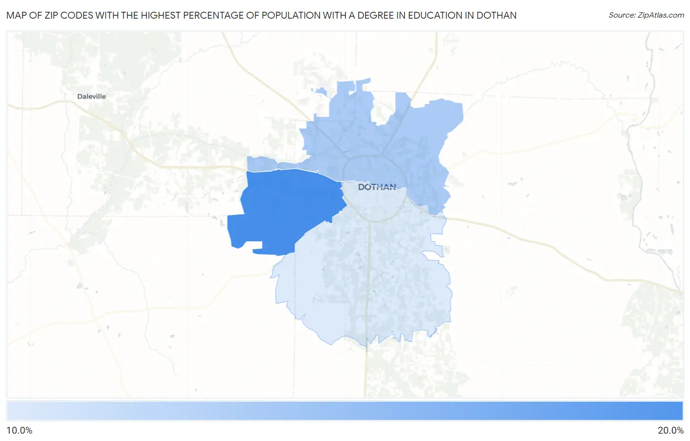 Zip Codes with the Highest Percentage of Population with a Degree in Education in Dothan Map