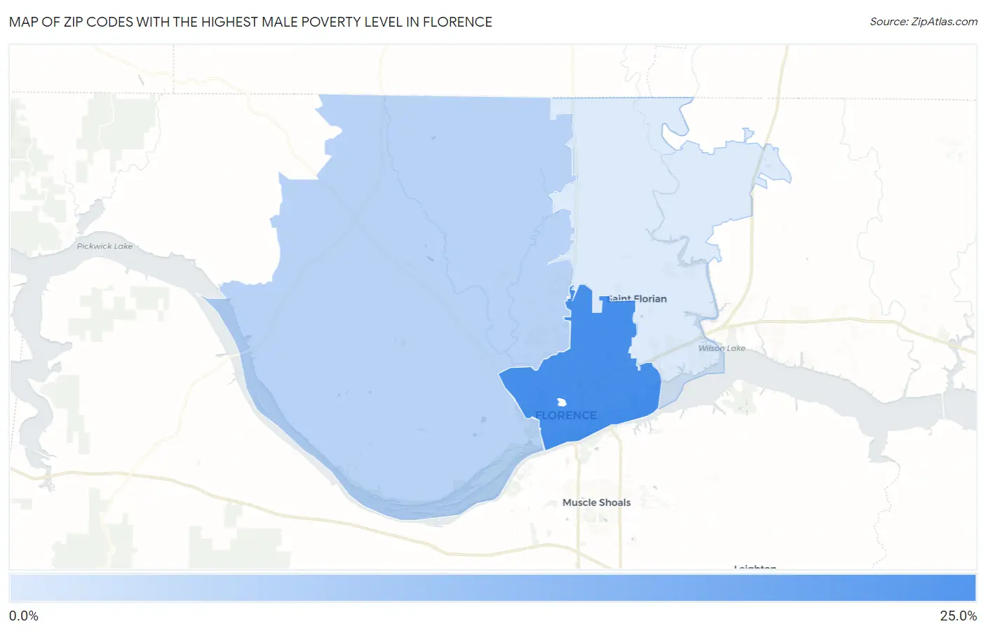 Zip Codes with the Highest Male Poverty Level in Florence Map