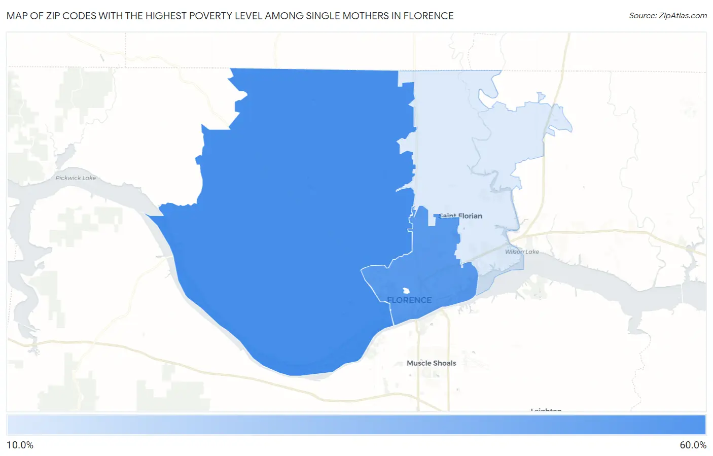 Zip Codes with the Highest Poverty Level Among Single Mothers in Florence Map