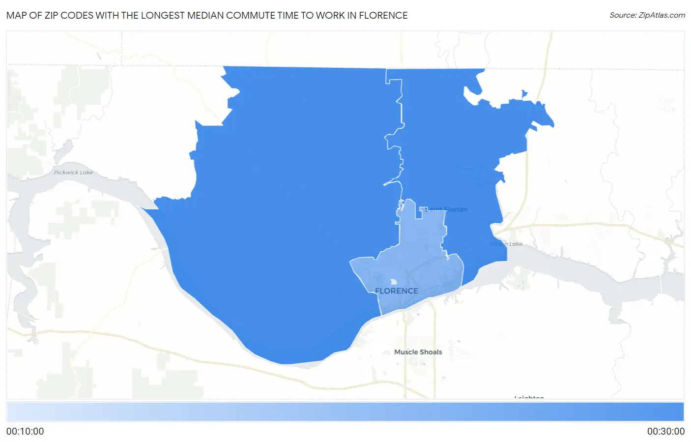 Zip Codes with the Longest Median Commute Time to Work in Florence Map