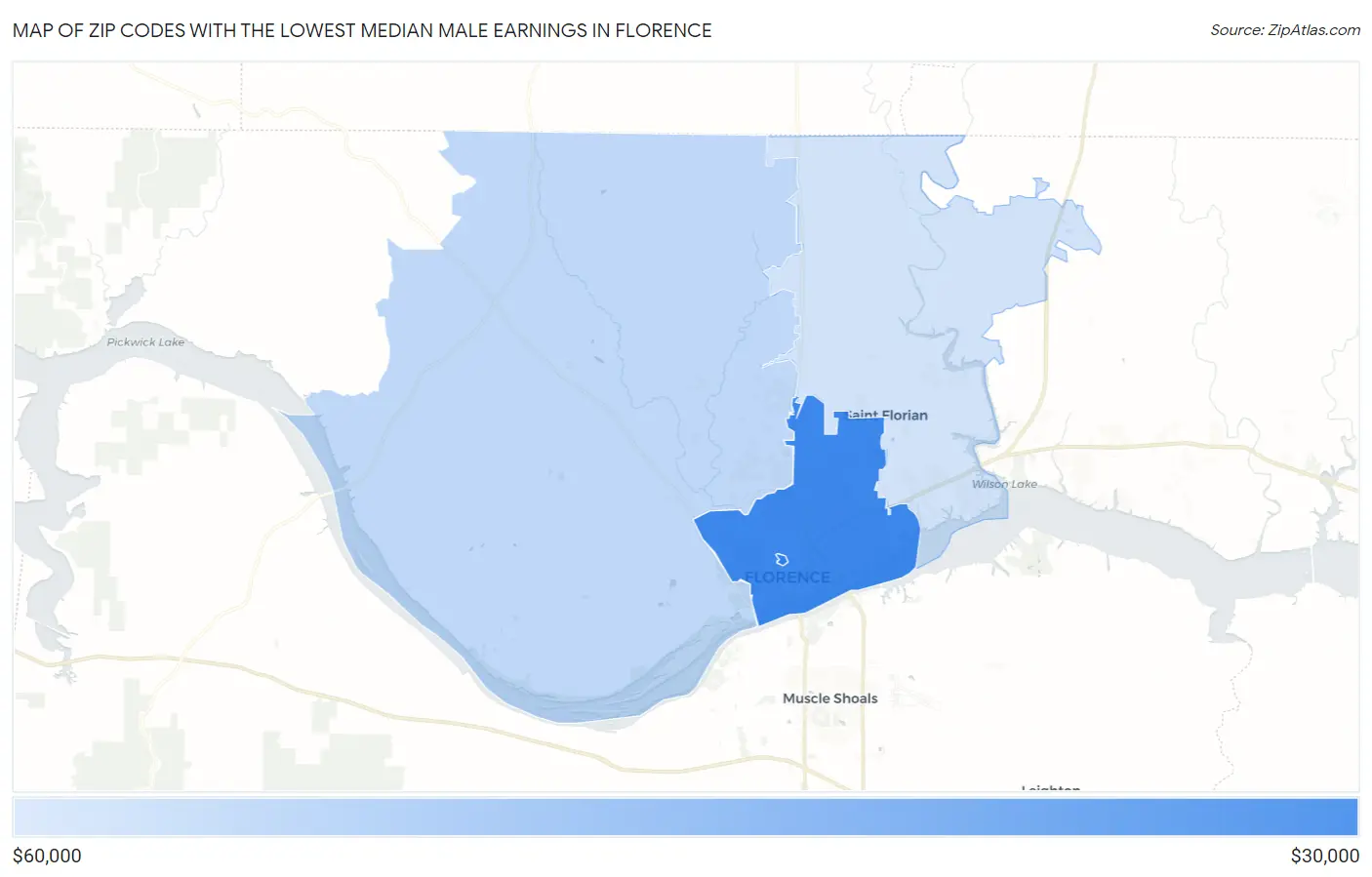 Zip Codes with the Lowest Median Male Earnings in Florence Map