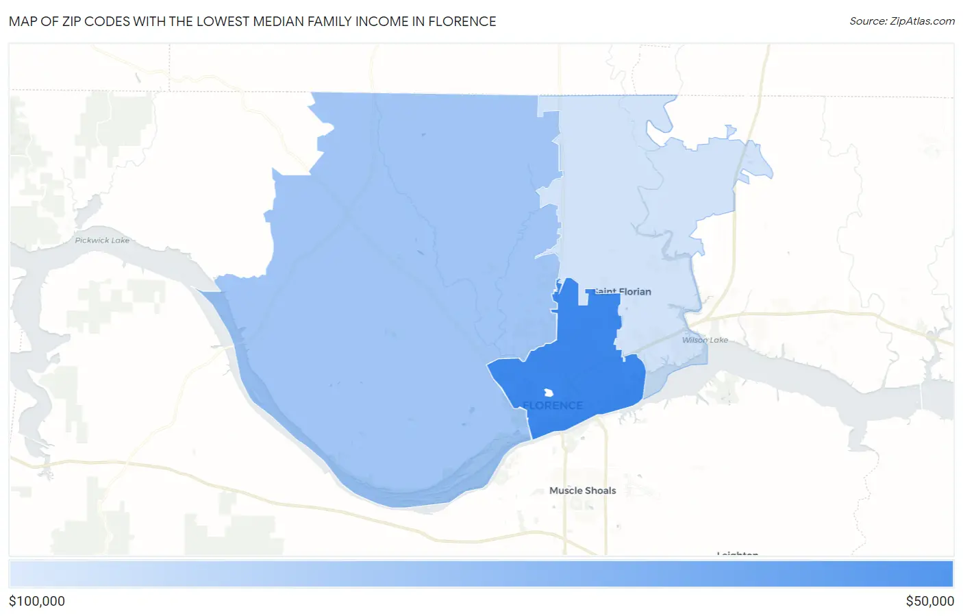 Zip Codes with the Lowest Median Family Income in Florence Map