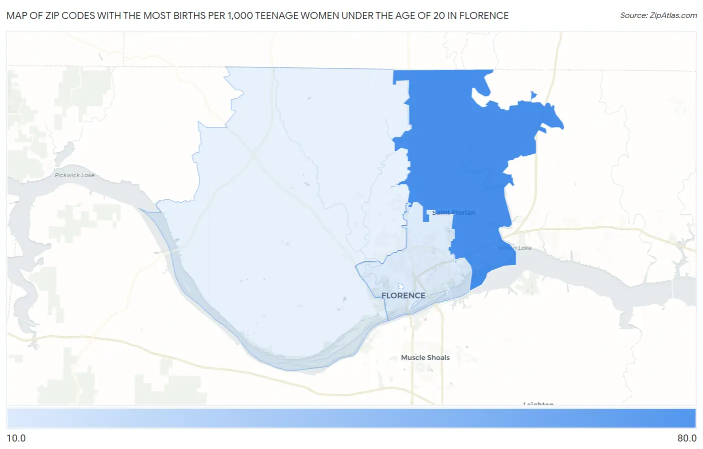 Zip Codes with the Most Births per 1,000 Teenage Women Under the Age of 20 in Florence Map