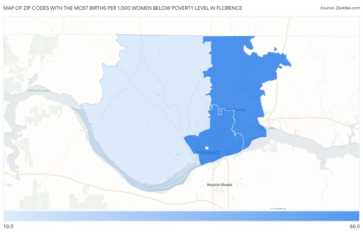 Zip Codes with the Most Births per 1,000 Women Below Poverty Level in Florence Map