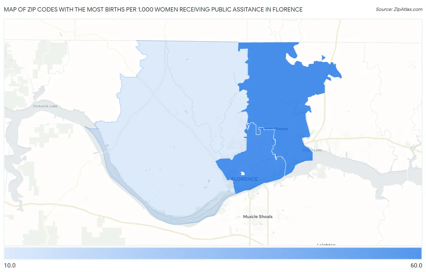Zip Codes with the Most Births per 1,000 Women Receiving Public Assitance in Florence Map