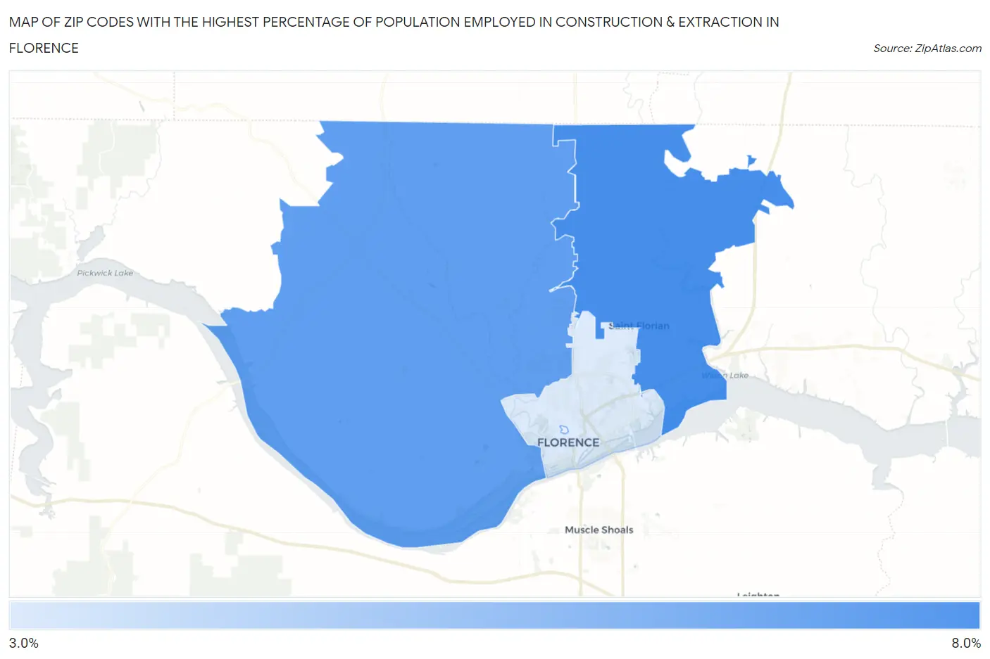 Zip Codes with the Highest Percentage of Population Employed in Construction & Extraction in Florence Map