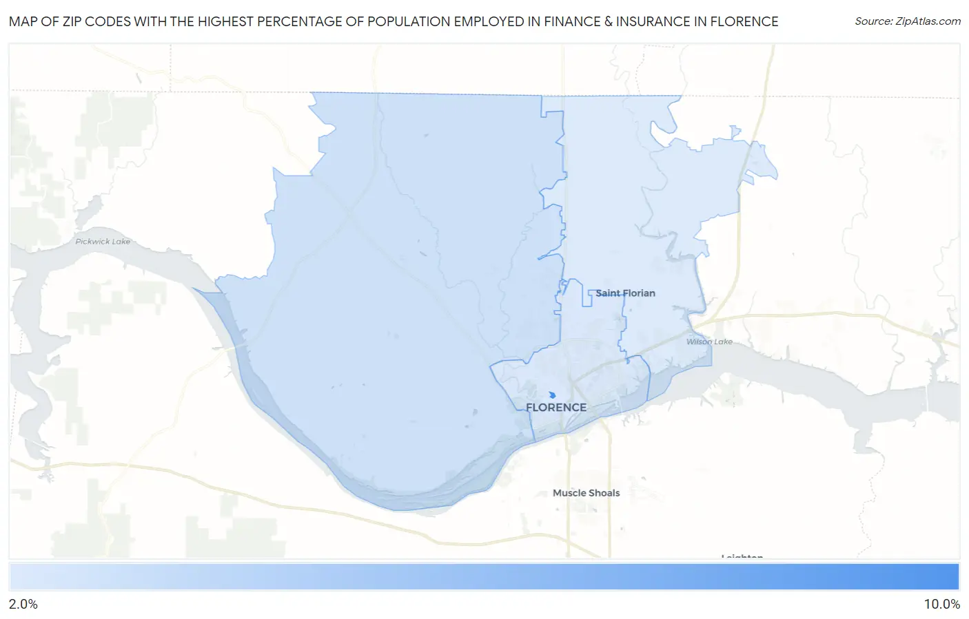 Zip Codes with the Highest Percentage of Population Employed in Finance & Insurance in Florence Map