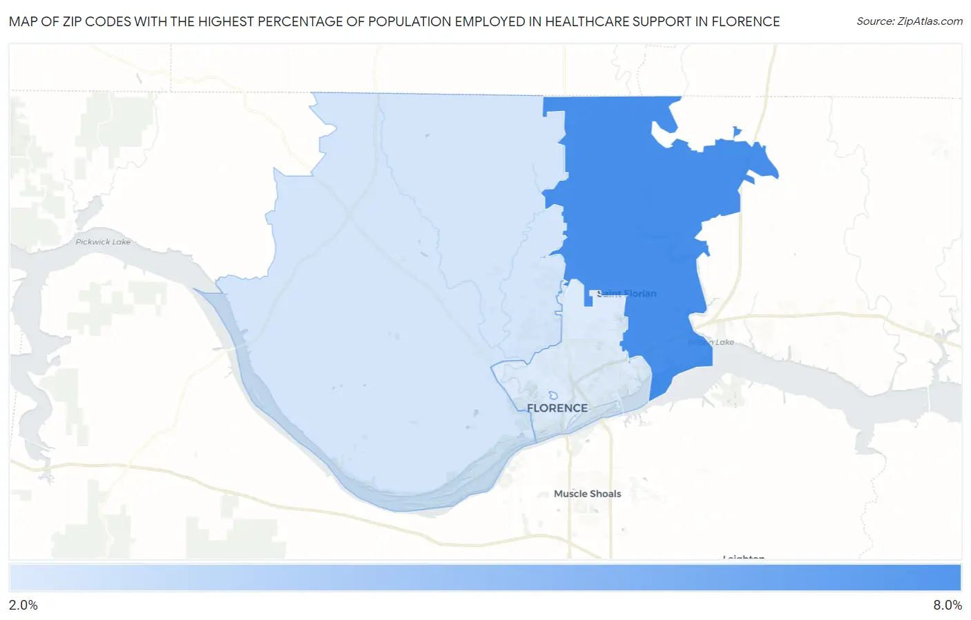 Zip Codes with the Highest Percentage of Population Employed in Healthcare Support in Florence Map