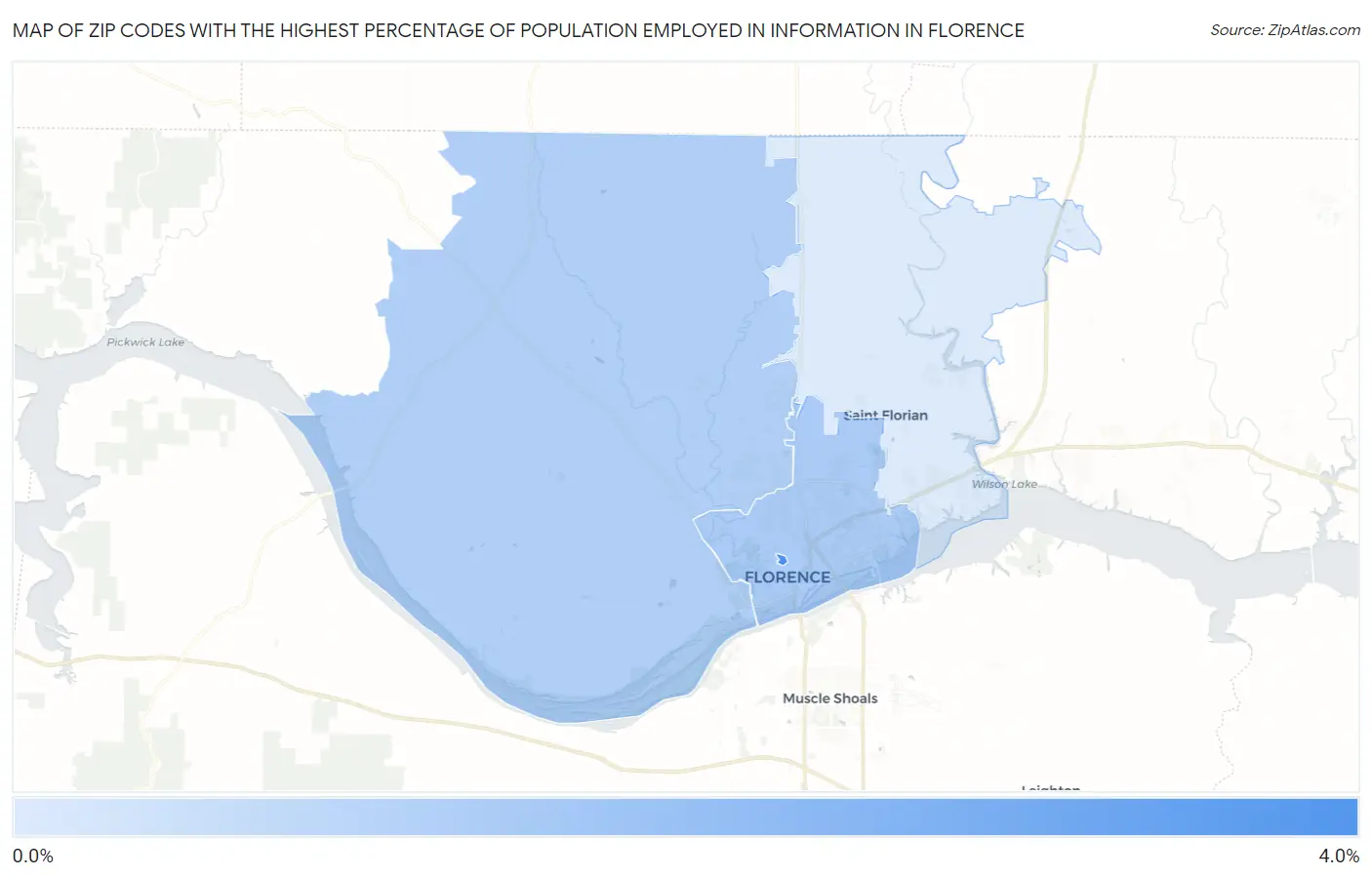 Zip Codes with the Highest Percentage of Population Employed in Information in Florence Map