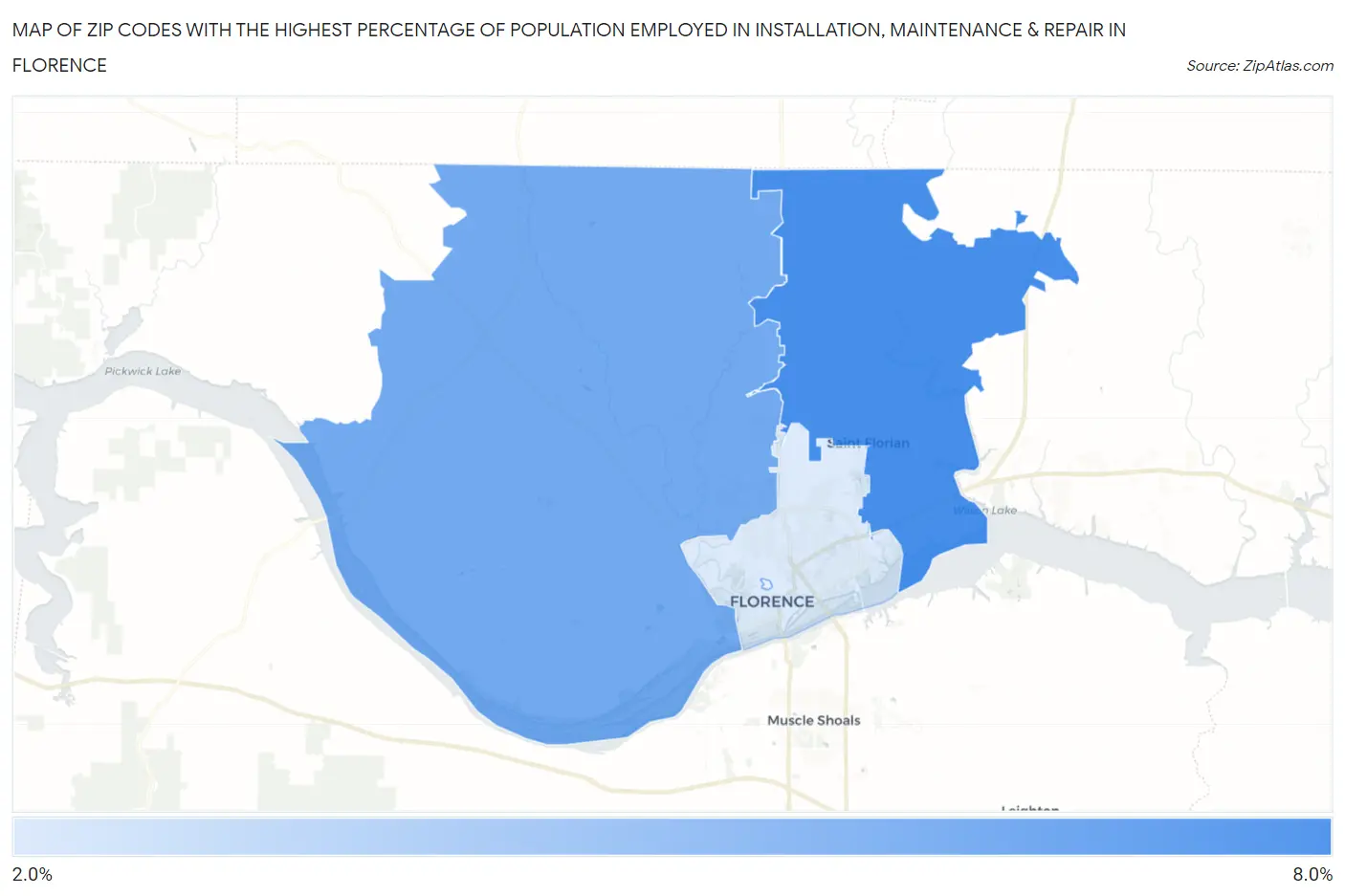 Zip Codes with the Highest Percentage of Population Employed in Installation, Maintenance & Repair in Florence Map