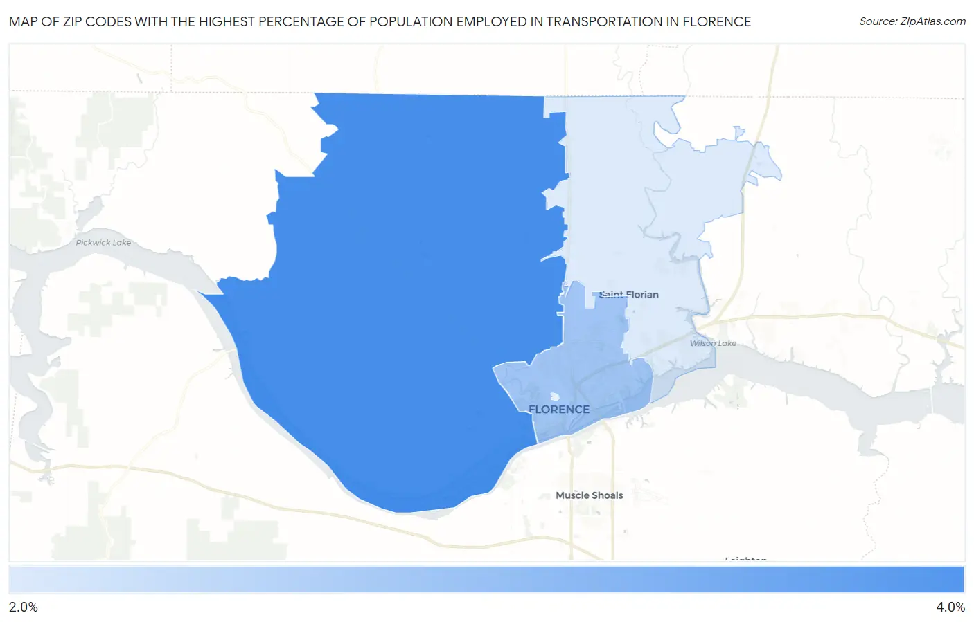 Zip Codes with the Highest Percentage of Population Employed in Transportation in Florence Map
