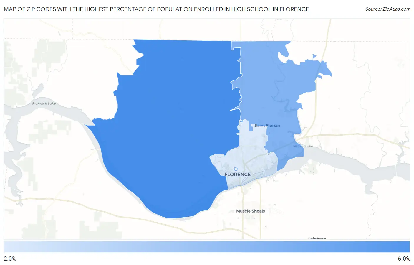 Zip Codes with the Highest Percentage of Population Enrolled in High School in Florence Map