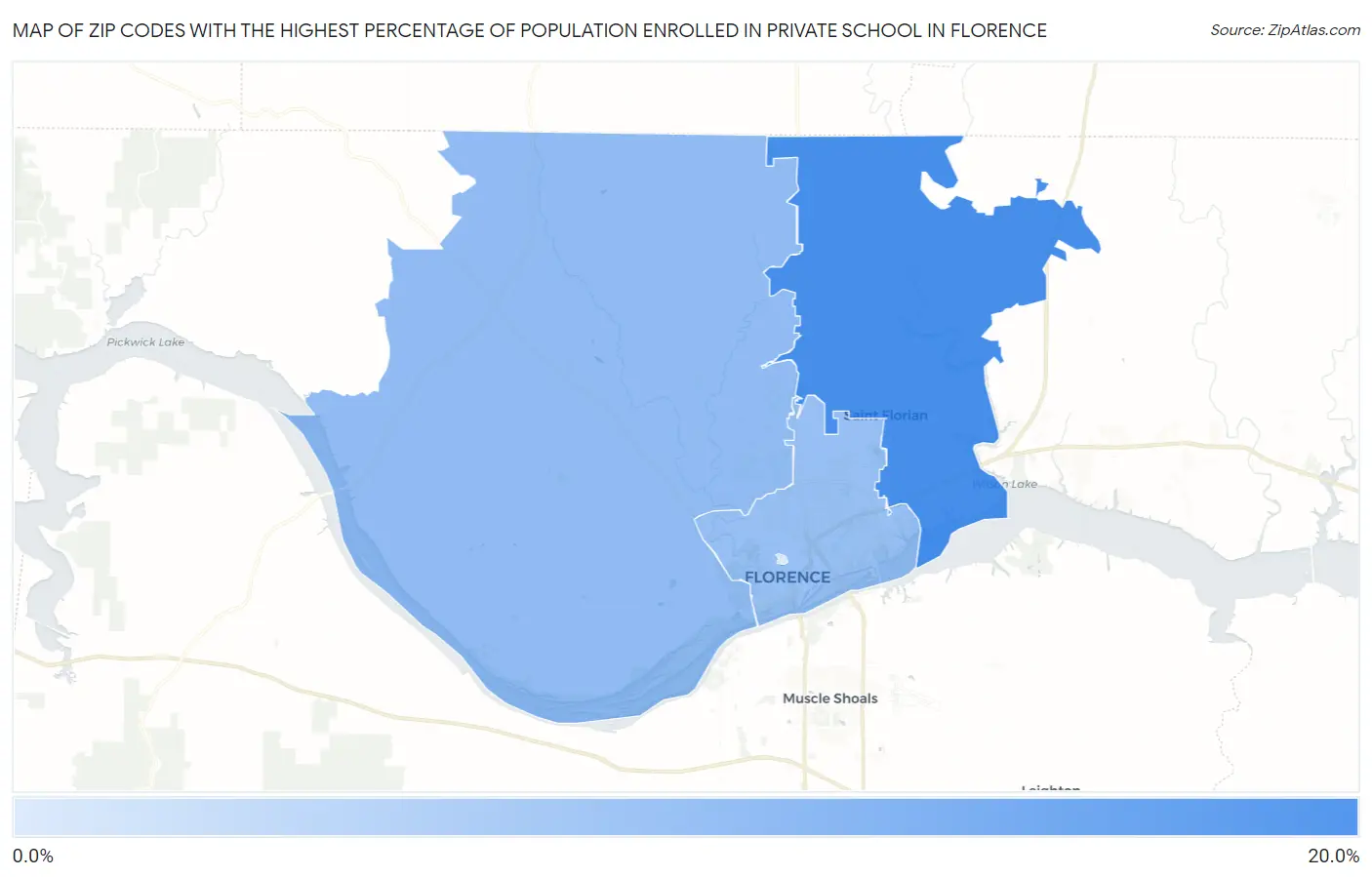 Zip Codes with the Highest Percentage of Population Enrolled in Private School in Florence Map