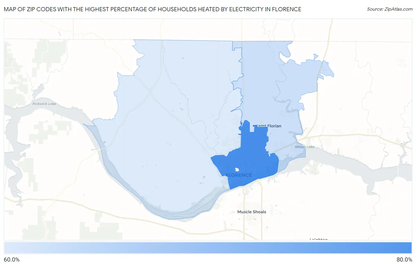 Zip Codes with the Highest Percentage of Households Heated by Electricity in Florence Map
