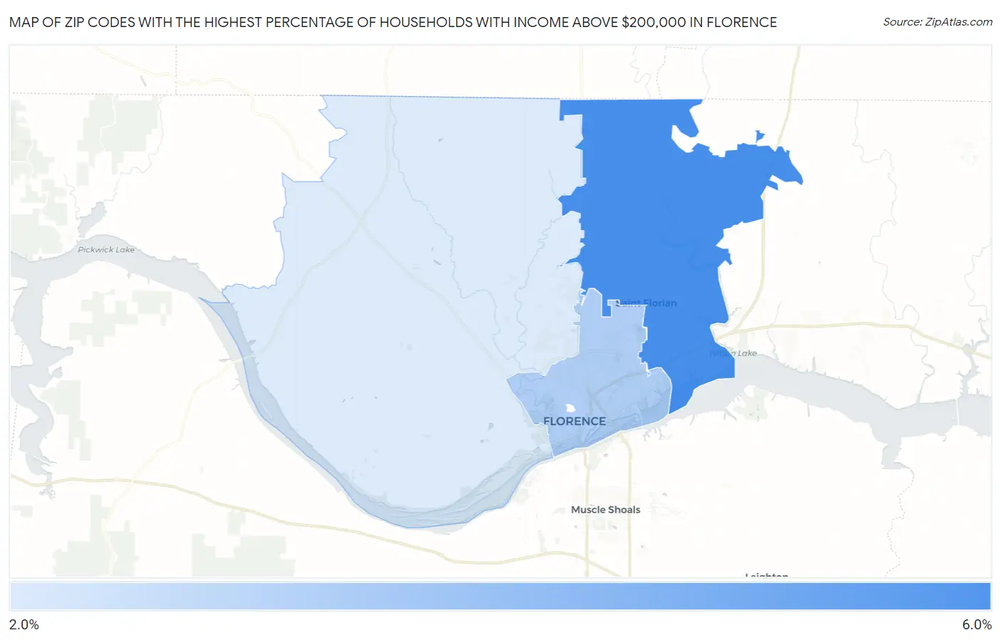 Zip Codes with the Highest Percentage of Households with Income Above $200,000 in Florence Map