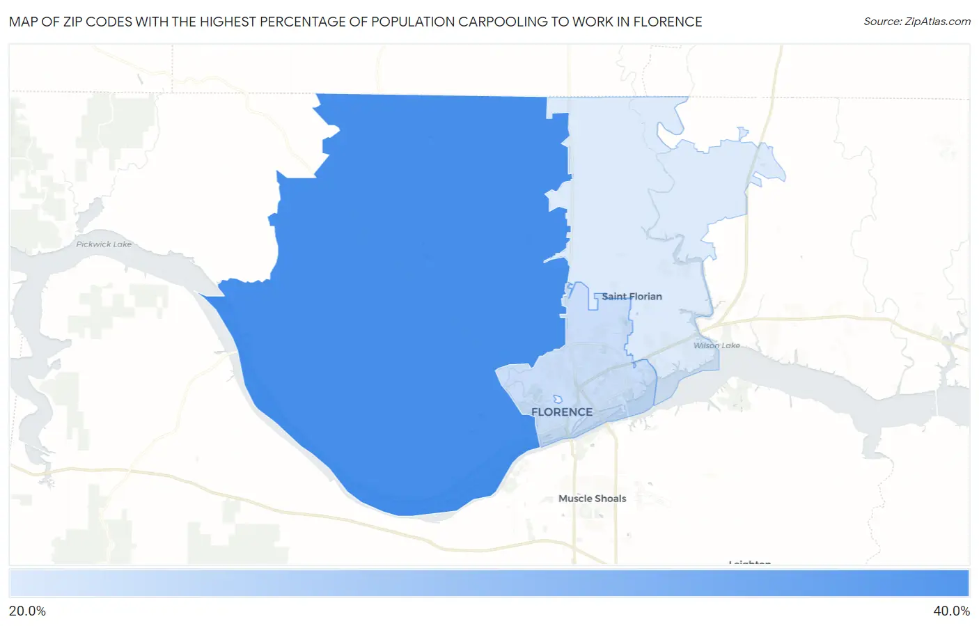 Zip Codes with the Highest Percentage of Population Carpooling to Work in Florence Map
