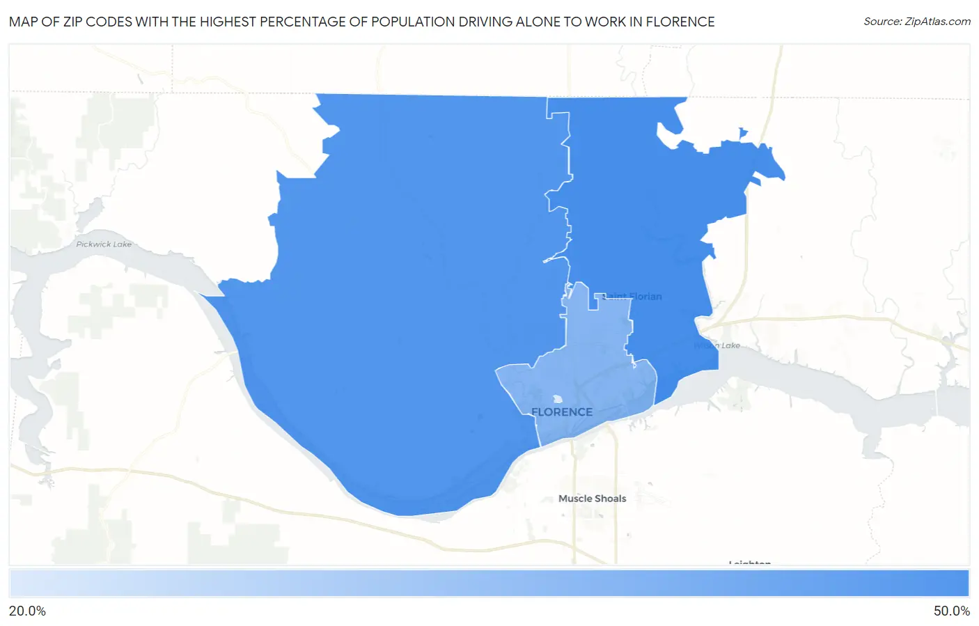 Zip Codes with the Highest Percentage of Population Driving Alone to Work in Florence Map