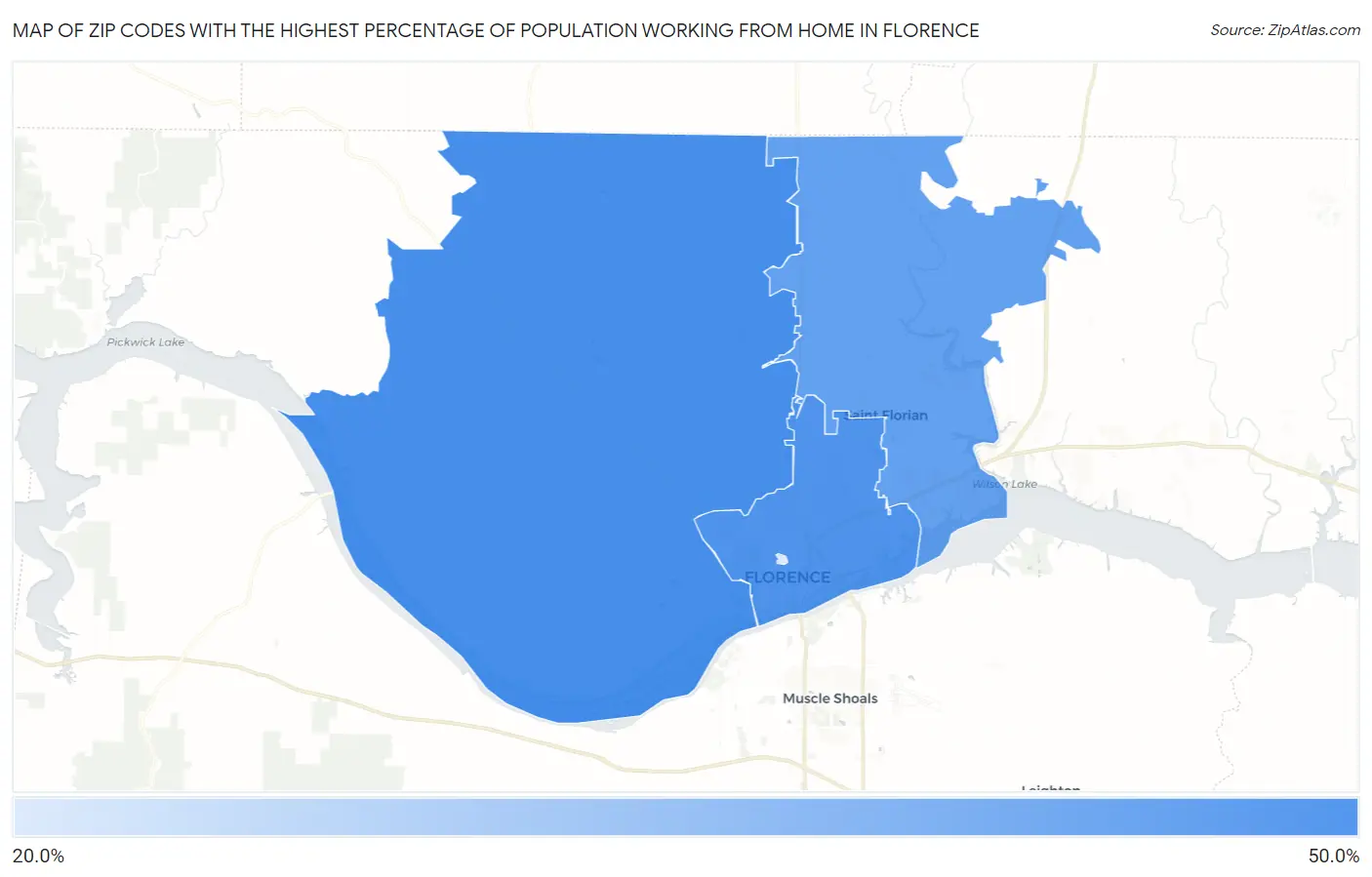 Zip Codes with the Highest Percentage of Population Working from Home in Florence Map
