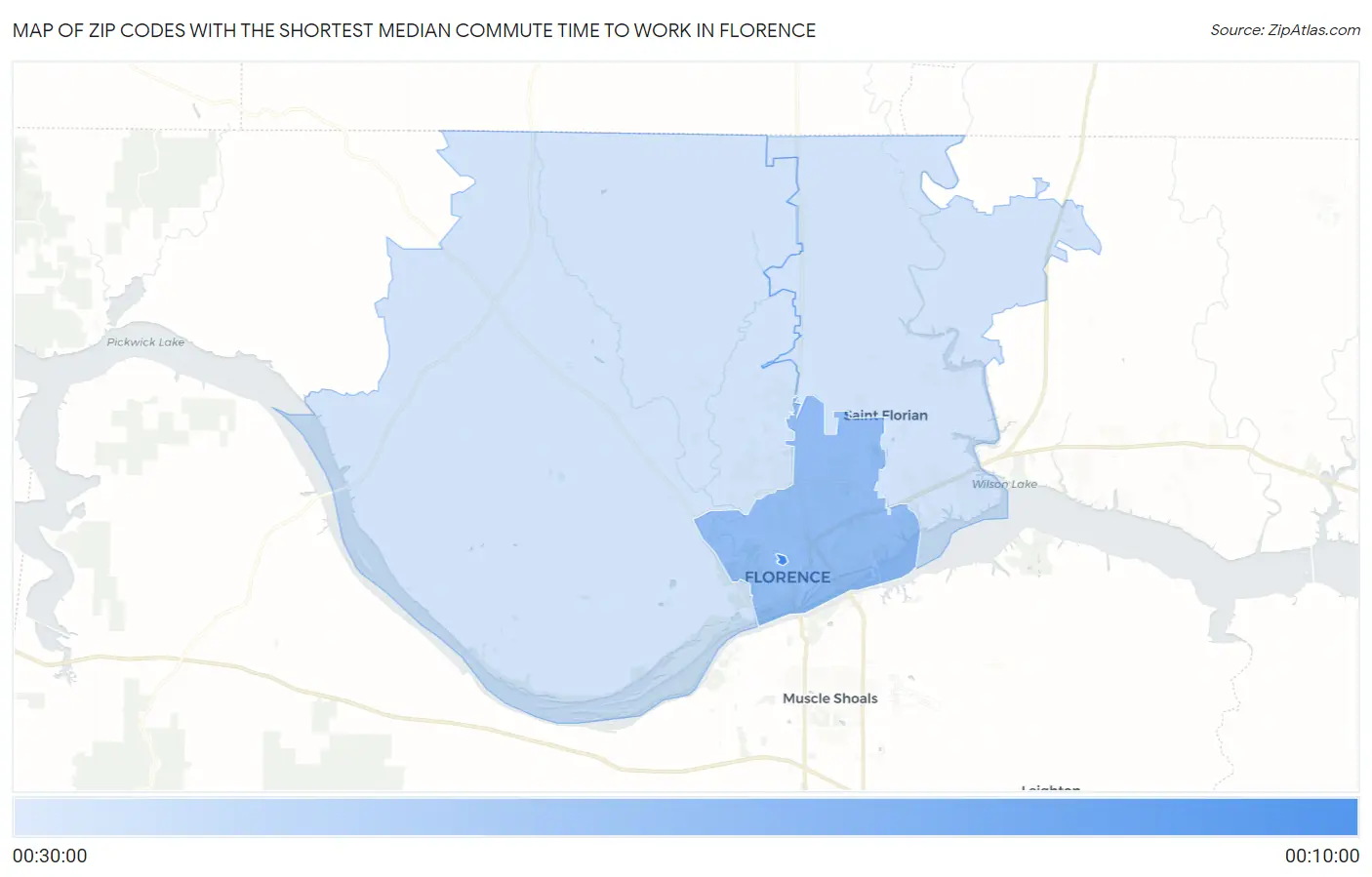 Zip Codes with the Shortest Median Commute Time to Work in Florence Map
