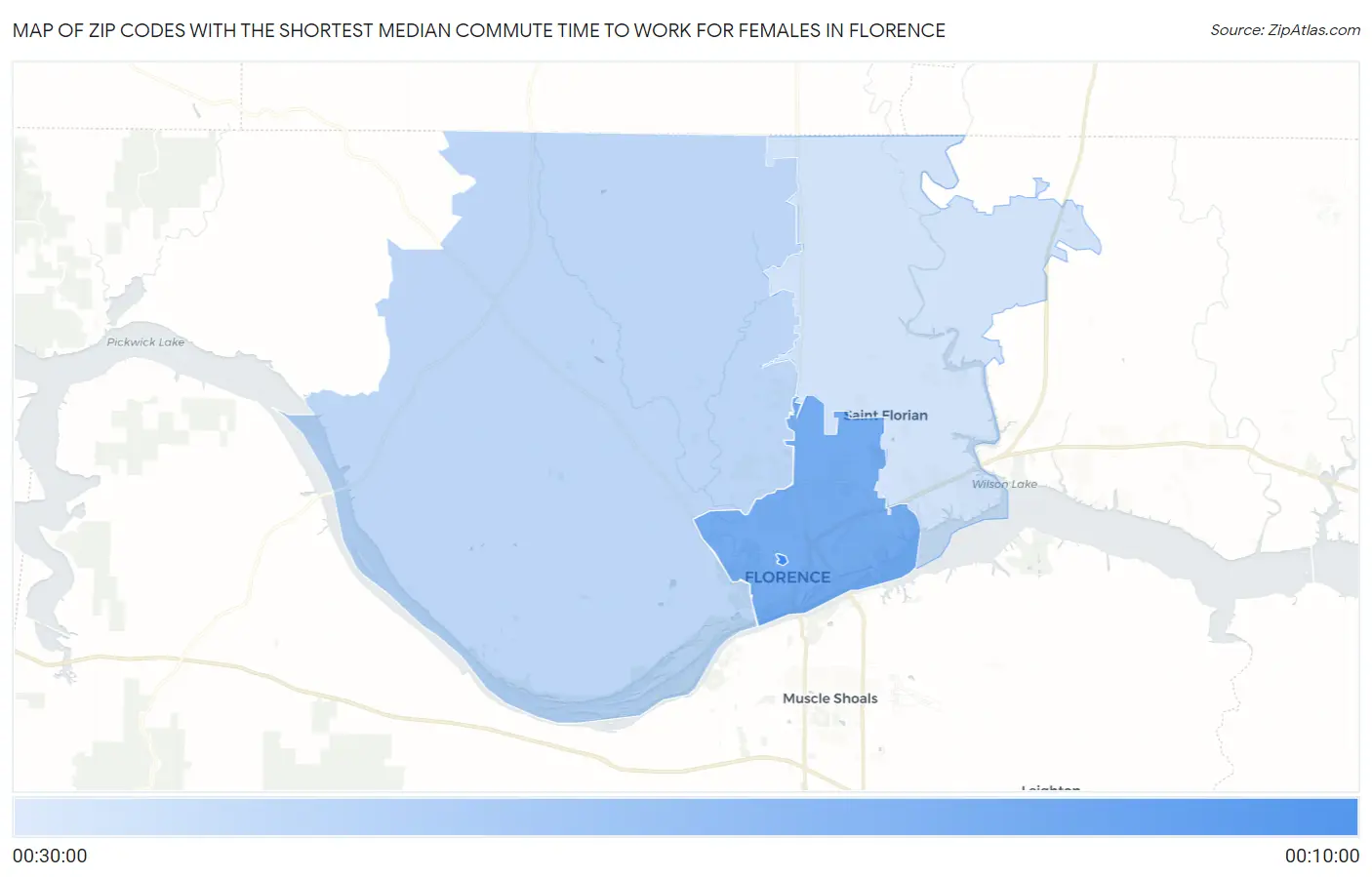 Zip Codes with the Shortest Median Commute Time to Work for Females in Florence Map