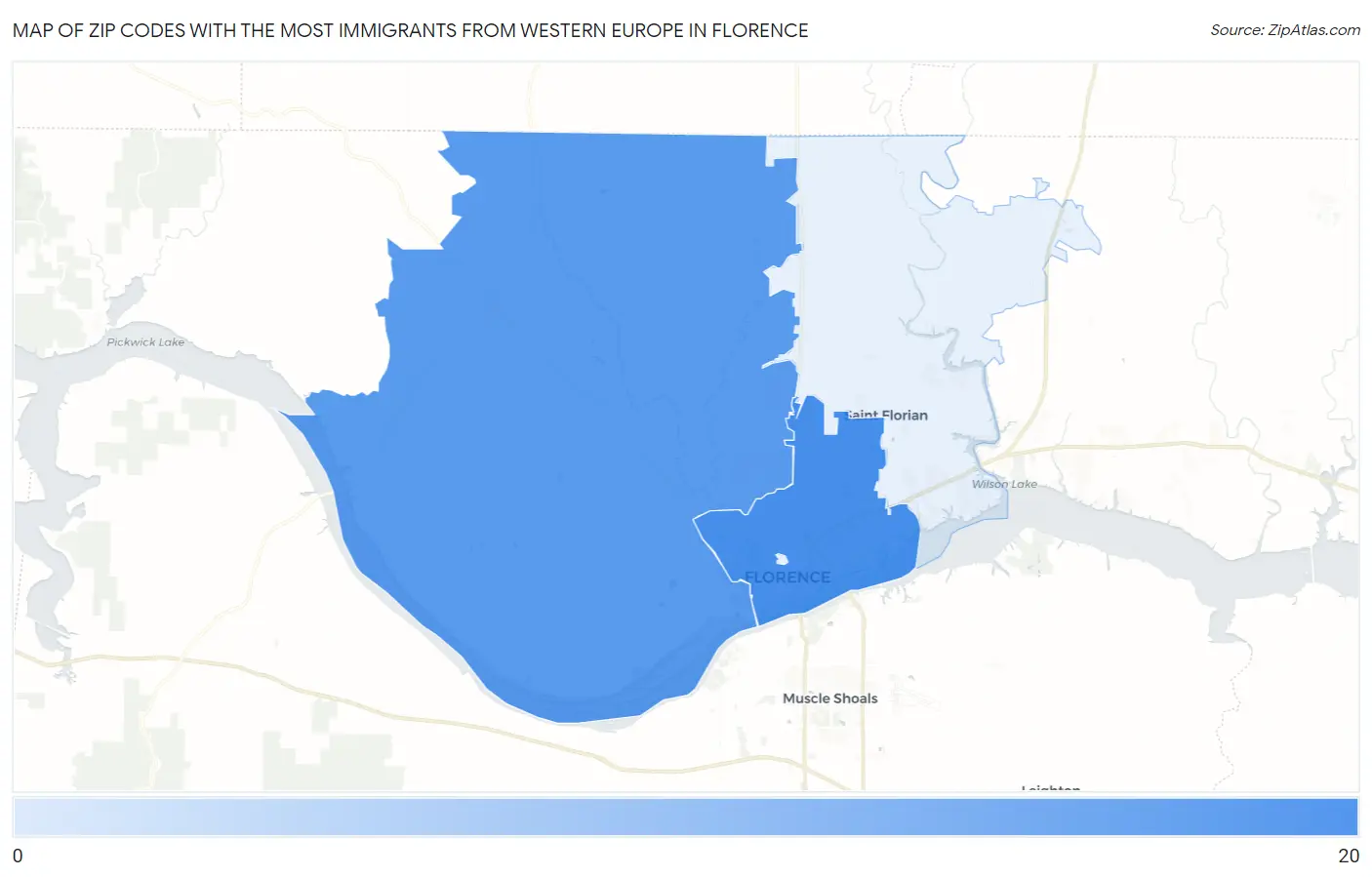 Zip Codes with the Most Immigrants from Western Europe in Florence Map